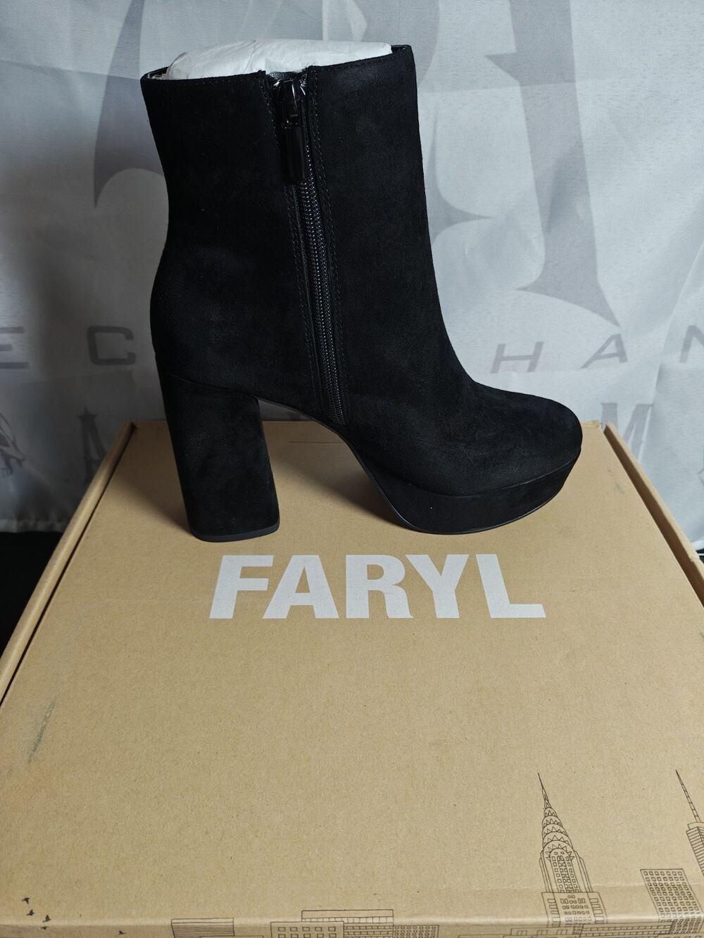 FARYL By FarylRobin $150 Women's 7 Jersey Black Suede Platform Boot Heel NWB